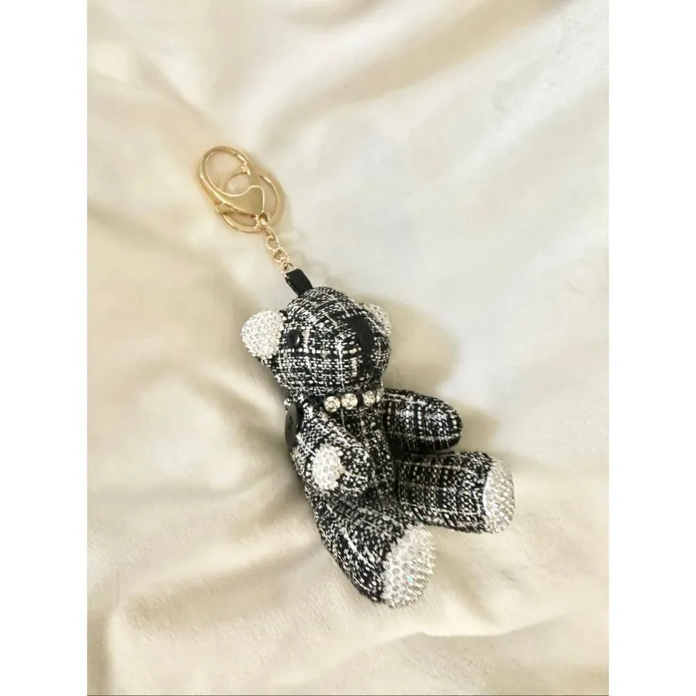 Glamorous tweed black and white plush teddy bear with rhinestone detail